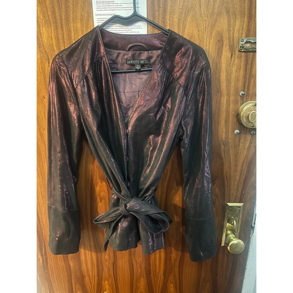 Lafayette 148 New York metallic suede leather jacket in a Plum Purple